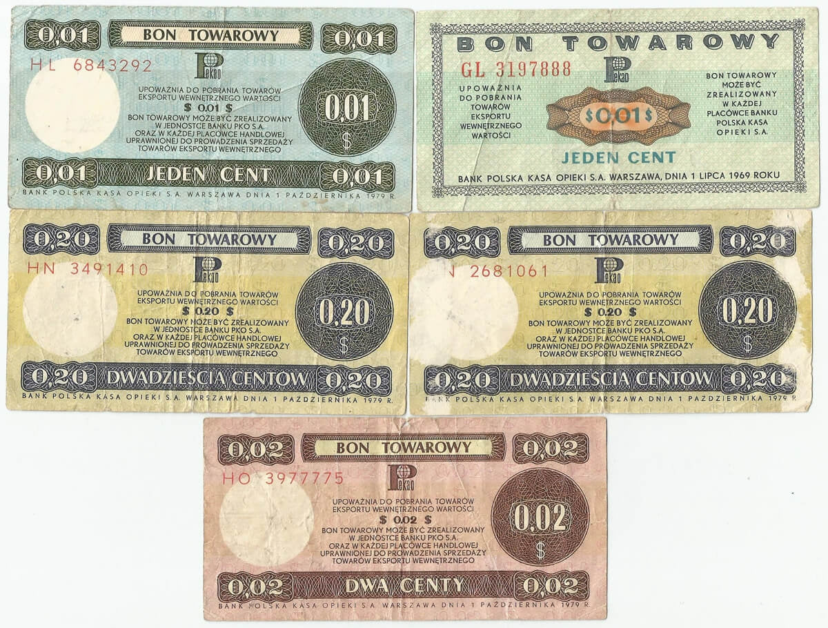 Lot: Zestaw 5 bonów towarowych PEWEX, 1969/1979 stan 3-